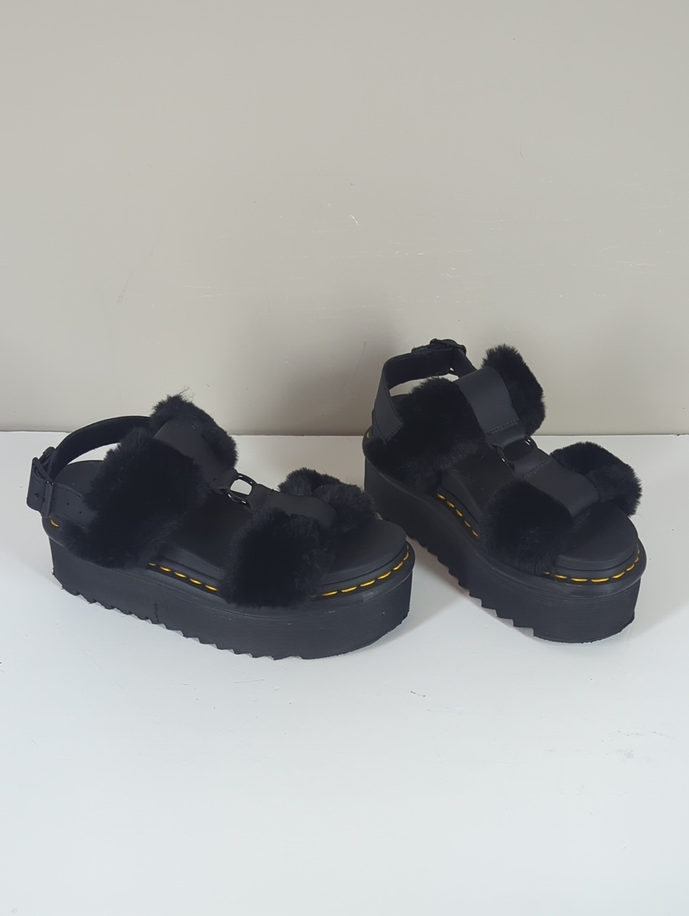 Dr. Martens Francis Fluffy Faux Fur Leather Strap Sandals 7